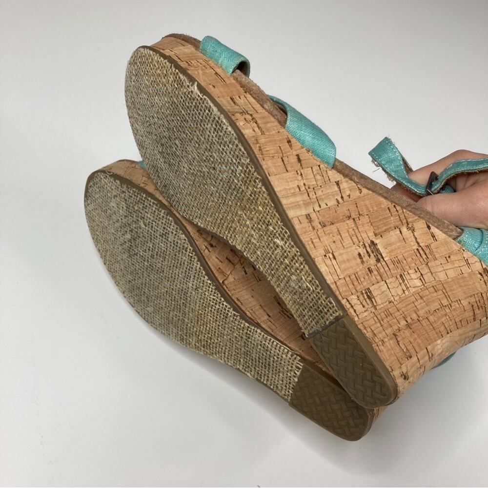 3/$30 Toms | Shimmery Aqua Cross Strappy Platform Cork Heels 9.5 - Picture 10 of 10